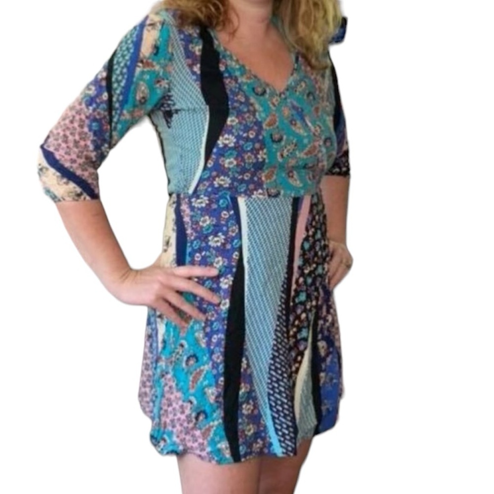 BeBop Boho Patchwork Pattern Floral Paisley Wrap V-Neck Mini Dress WDress14